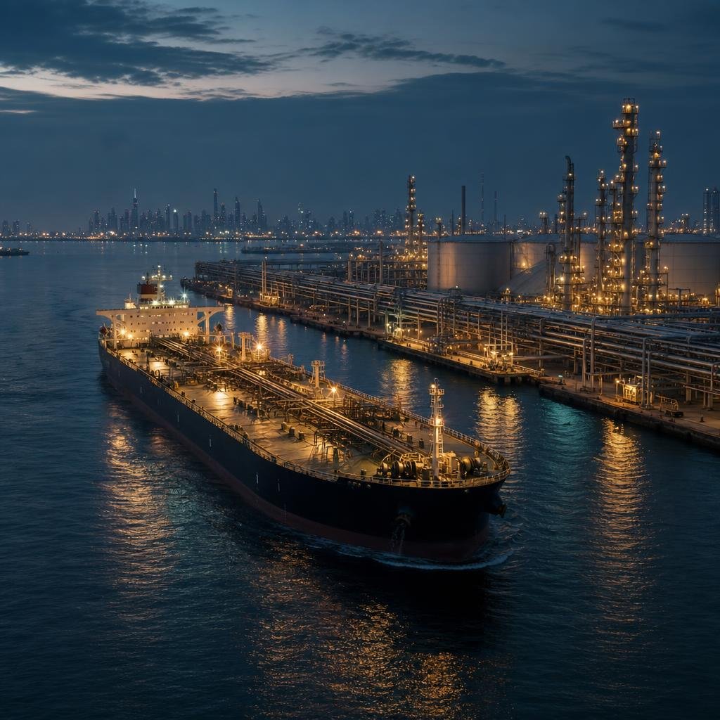 Oil tanker moving past refinery infrastructure at blue hour
